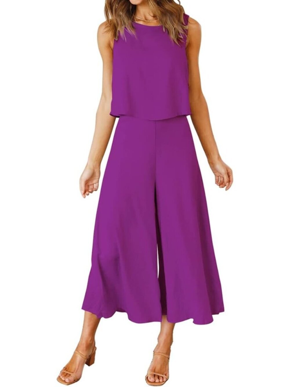 Women's Summer 2 Piece Purple Round Neck Crop Top Cropped Wide Leg Jumpsuit